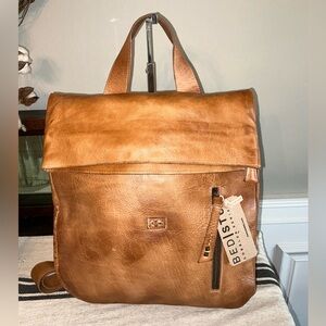 NWT Bed Stu Leather Howie Flapover Leather Backpack Tan Rustic Retail $365